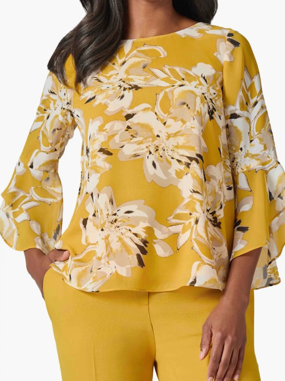 Kasper Yellow Floral Bell-Sleeve Blouse NWT size PXL